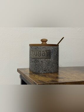 Rustic Speckled-Grey Ceramic Sugar Bowl with Wooden Lid & Stainless Steel Spoon